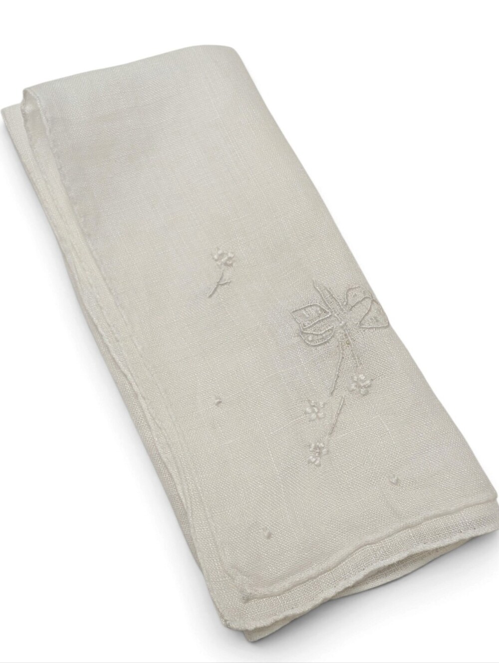 VINTAGE Hankerchief French Embroidery White Silver Linen 11"x11"